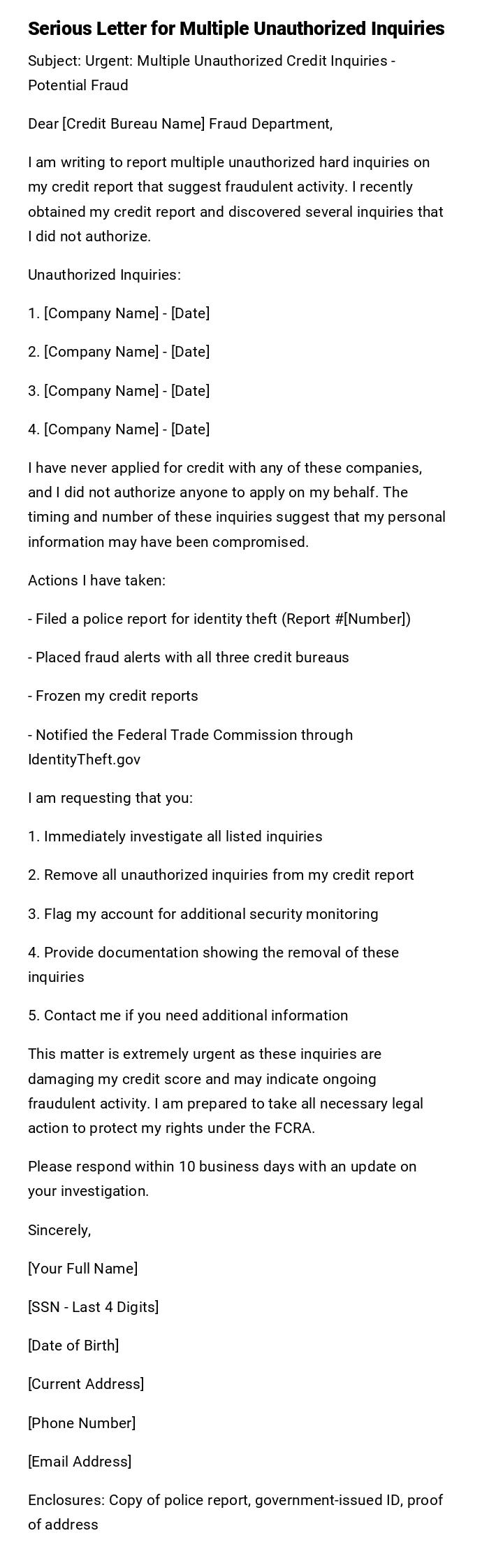 Serious Letter for Multiple Unauthorized Inquiries