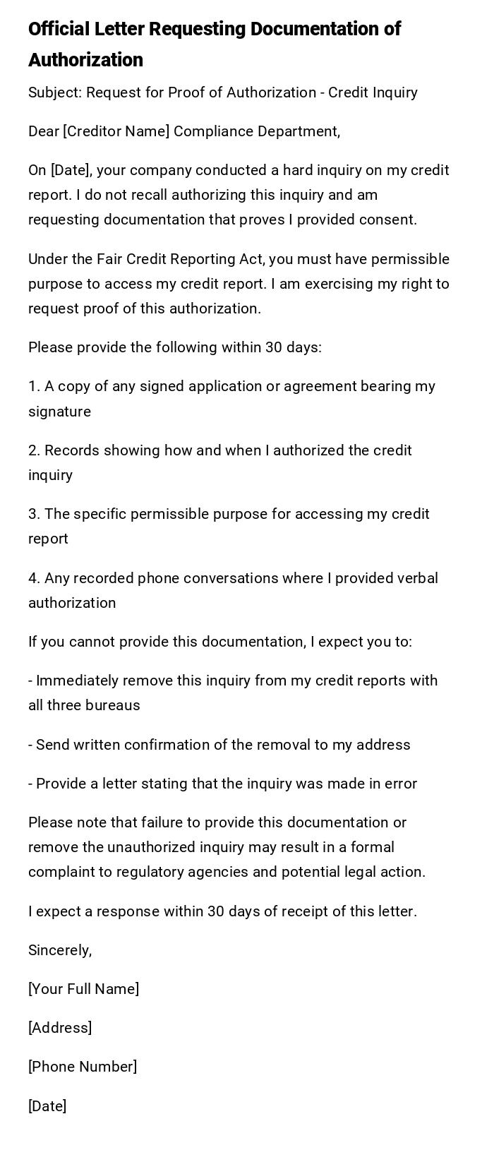 Official Letter Requesting Documentation of Authorization