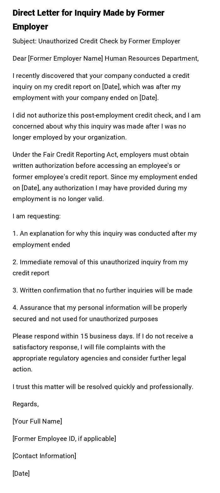 Direct Letter for Inquiry Made by Former Employer