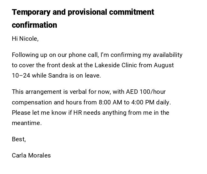 Temporary and provisional commitment confirmation Temporary and provisional commitment confirmation