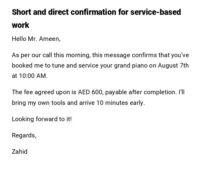 Short and direct confirmation for service-based work Short and direct confirmation for service-based work