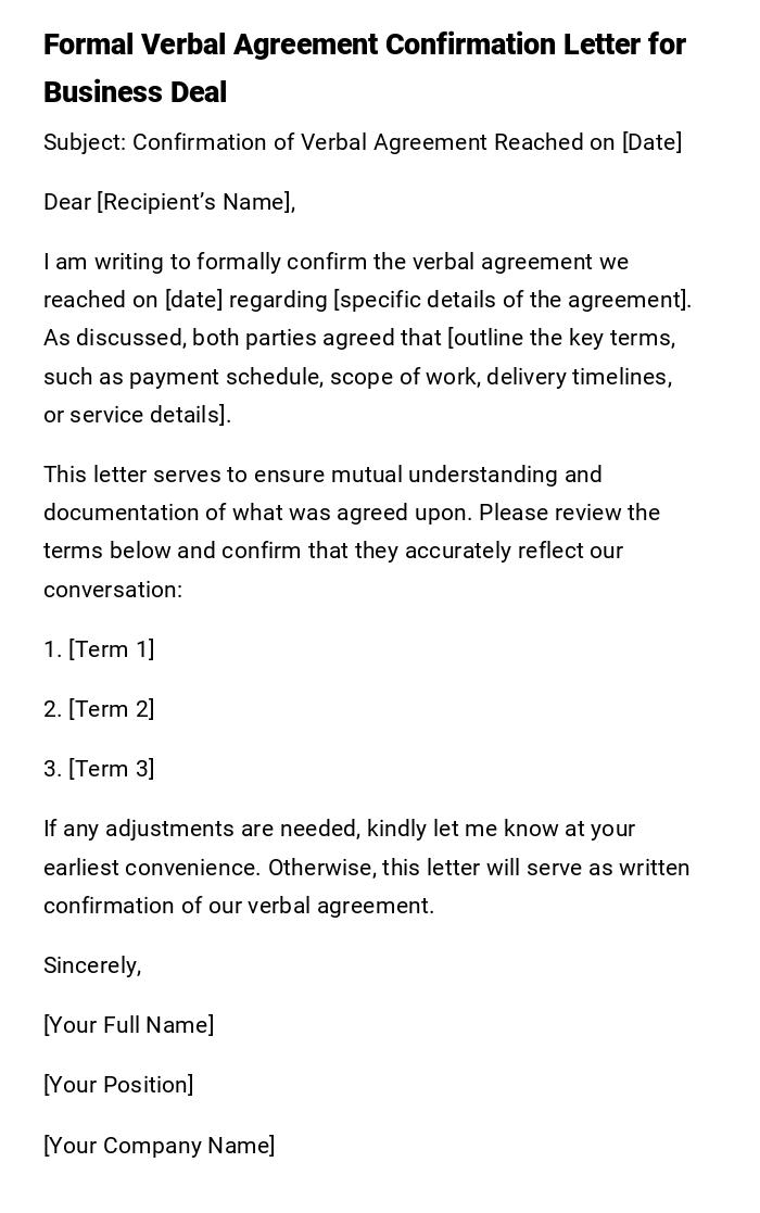 Formal Verbal Agreement Confirmation Letter for Business Deal Formal Verbal Agreement Confirmation Letter for Business Deal