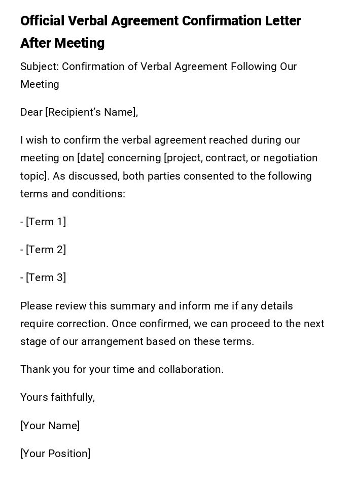 Official Verbal Agreement Confirmation Letter After Meeting Official Verbal Agreement Confirmation Letter After Meeting
