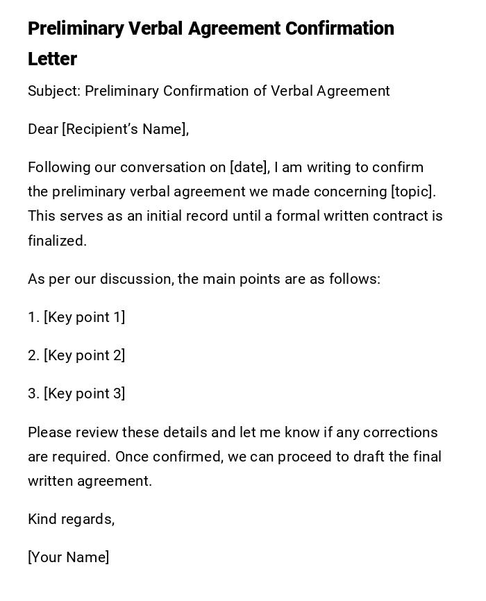 Preliminary Verbal Agreement Confirmation Letter Preliminary Verbal Agreement Confirmation Letter