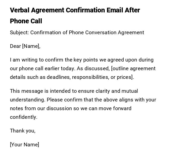 Verbal Agreement Confirmation Email After Phone Call Verbal Agreement Confirmation Email After Phone Call
