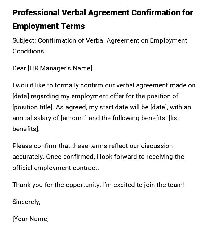 Professional Verbal Agreement Confirmation for Employment Terms Professional Verbal Agreement Confirmation for Employment Terms