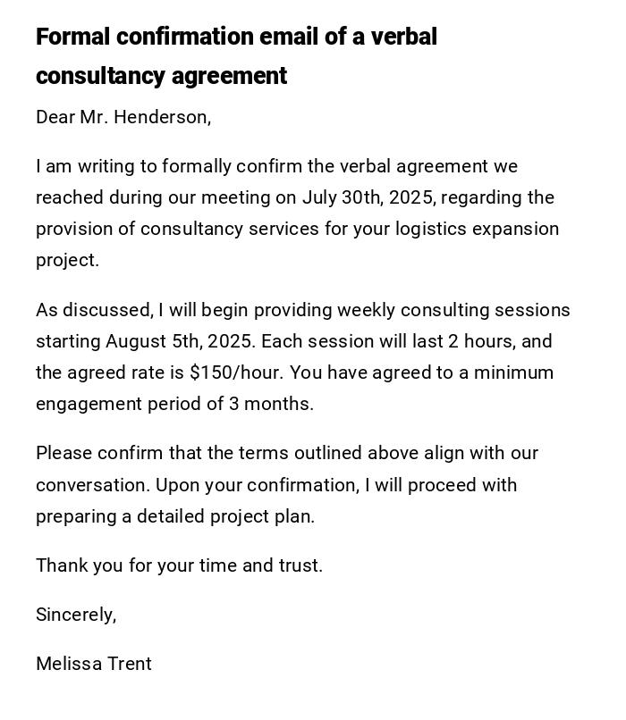 Formal confirmation email of a verbal consultancy agreement Formal confirmation email of a verbal consultancy agreement