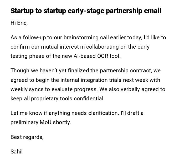 Startup to startup early-stage partnership email Startup to startup early-stage partnership email