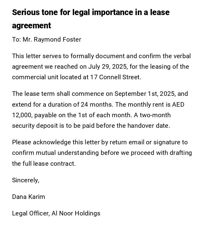 Serious tone for legal importance in a lease agreement Serious tone for legal importance in a lease agreement