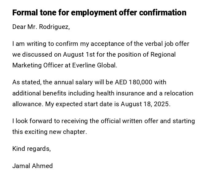 Formal tone for employment offer confirmation Formal tone for employment offer confirmation