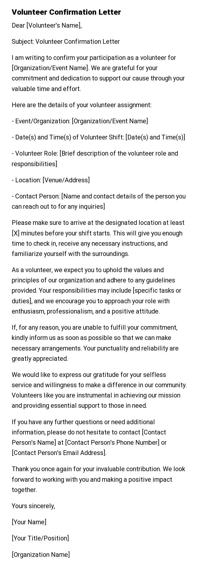 Volunteer Confirmation Letter
