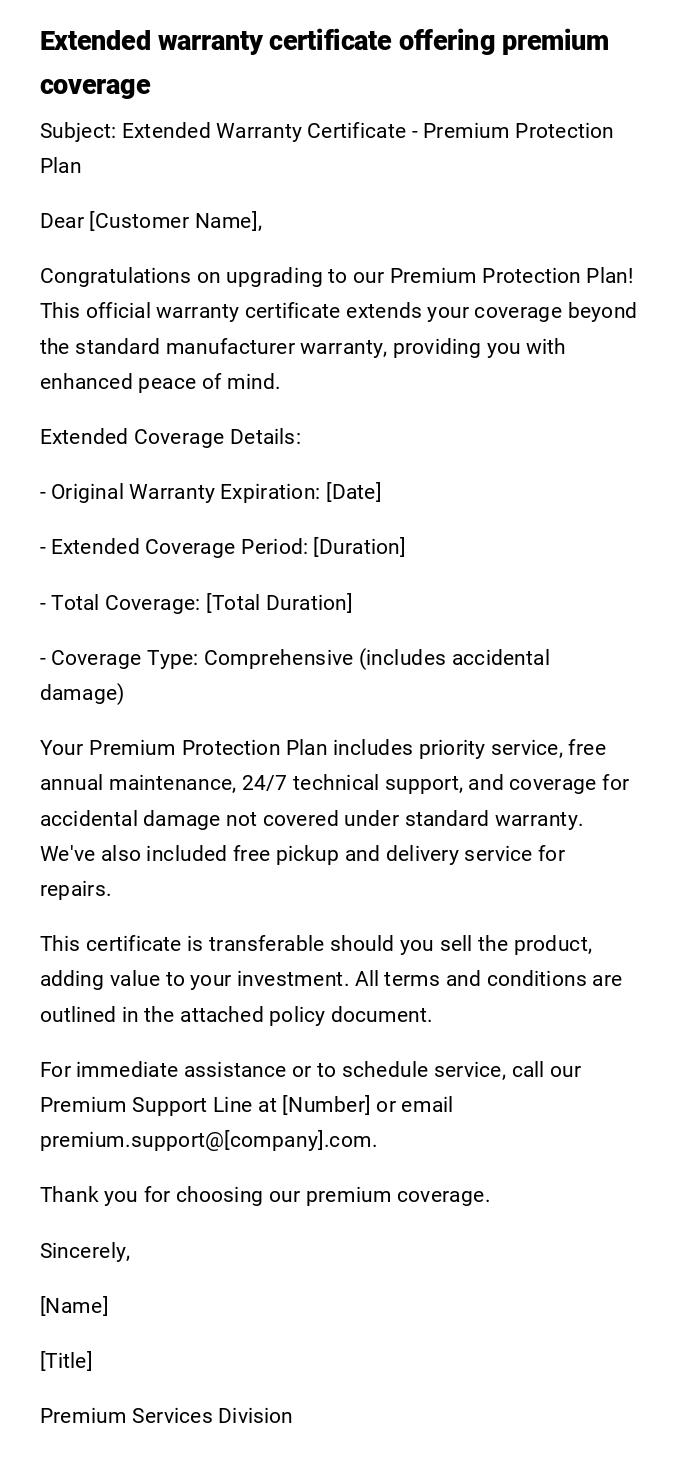 Extended warranty certificate offering premium coverage