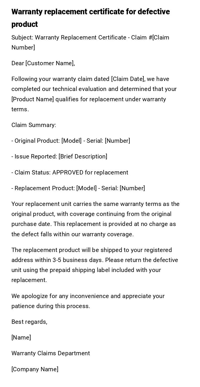 Warranty replacement certificate for defective product
