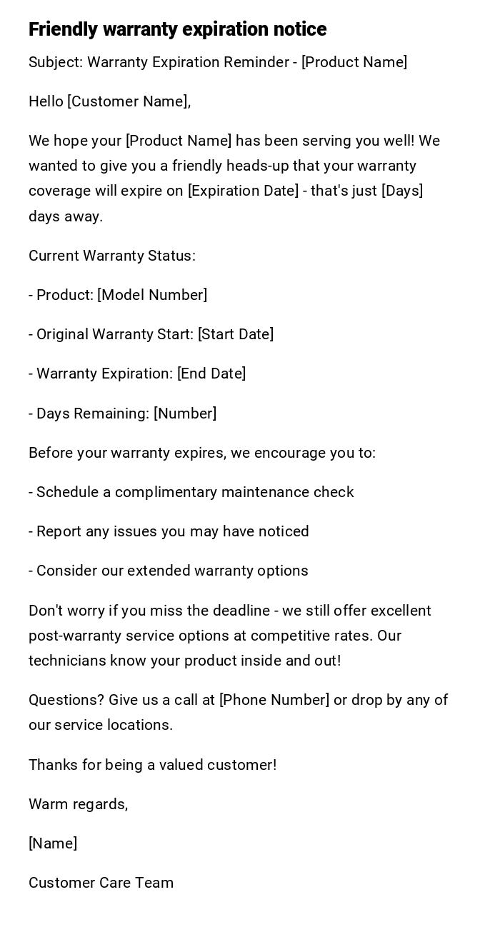Friendly warranty expiration notice