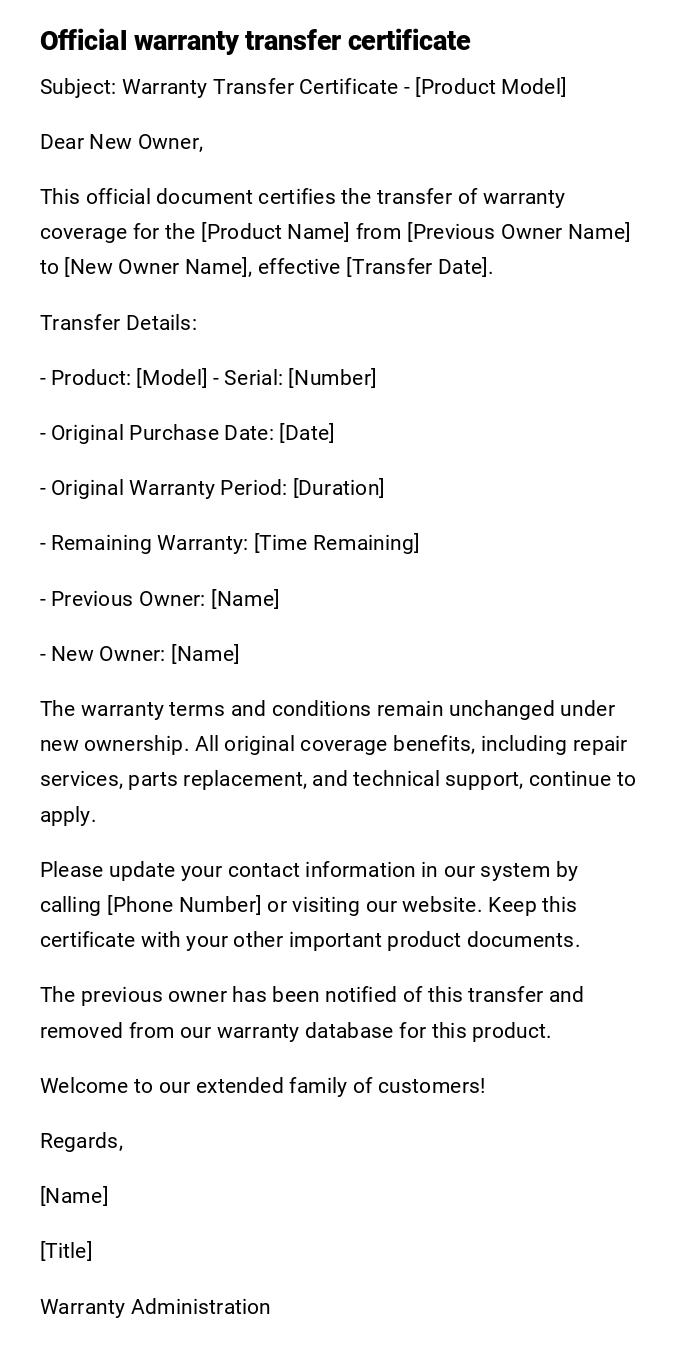 Official warranty transfer certificate