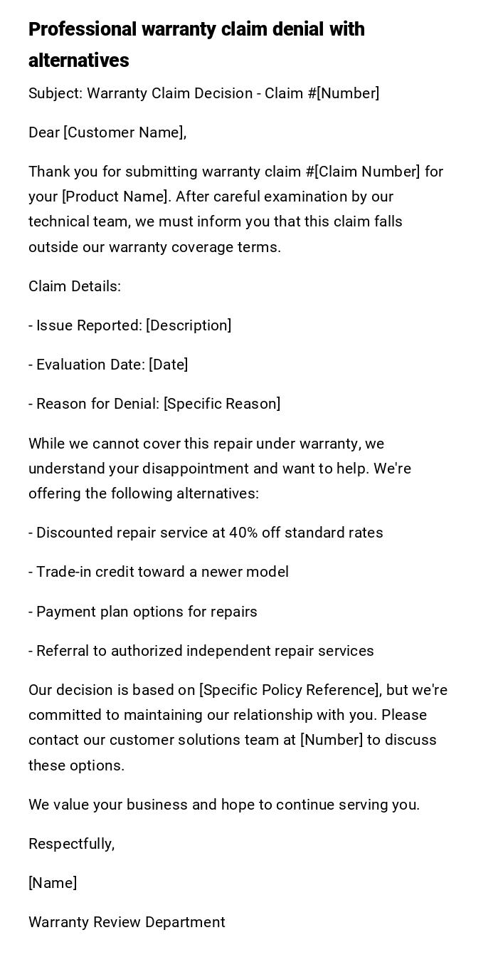 Professional warranty claim denial with alternatives