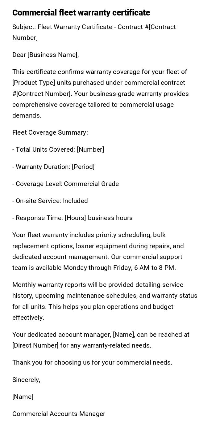 Commercial fleet warranty certificate