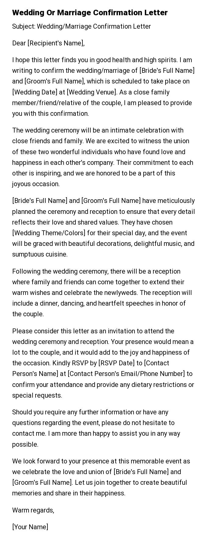 Wedding Or Marriage Confirmation Letter