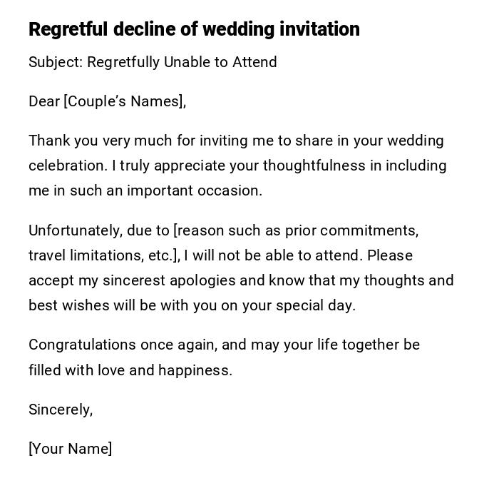 Regretful decline of wedding invitation Regretful decline of wedding invitation