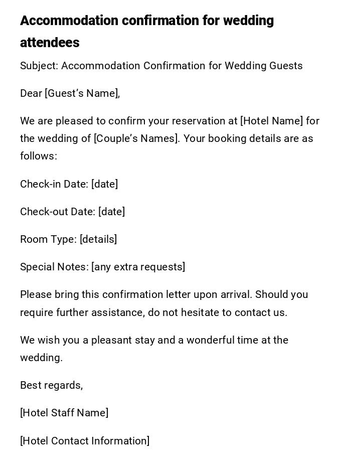 Accommodation confirmation for wedding attendees Accommodation confirmation for wedding attendees