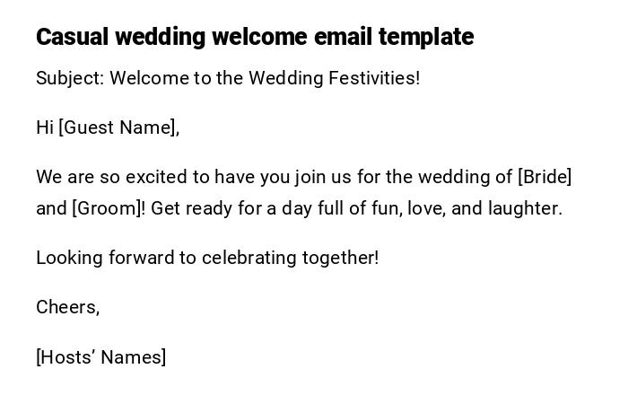 Casual wedding welcome email template Casual wedding welcome email template