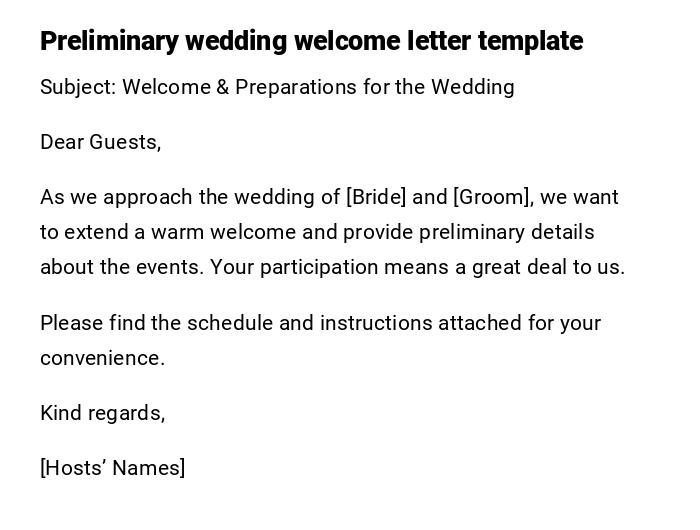 Preliminary wedding welcome letter template Preliminary wedding welcome letter template