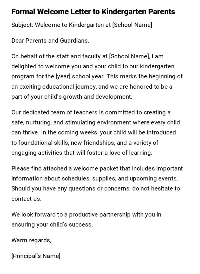Formal Welcome Letter to Kindergarten Parents