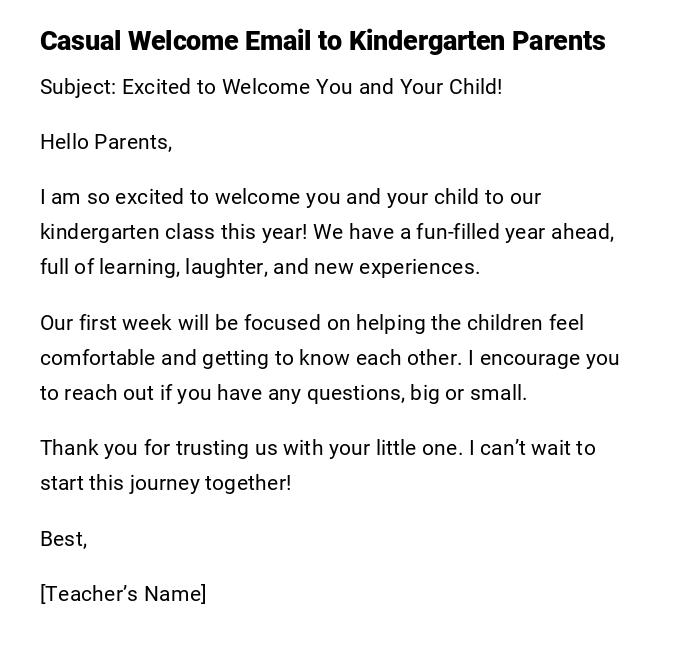 Casual Welcome Email to Kindergarten Parents