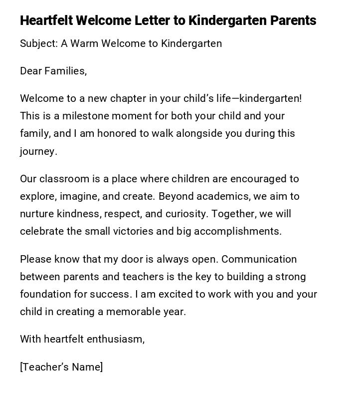Heartfelt Welcome Letter to Kindergarten Parents