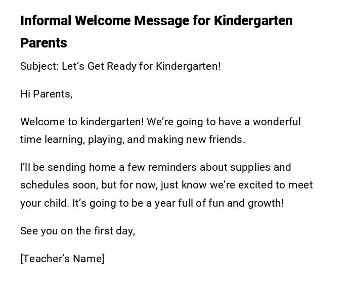 Informal Welcome Message for Kindergarten Parents