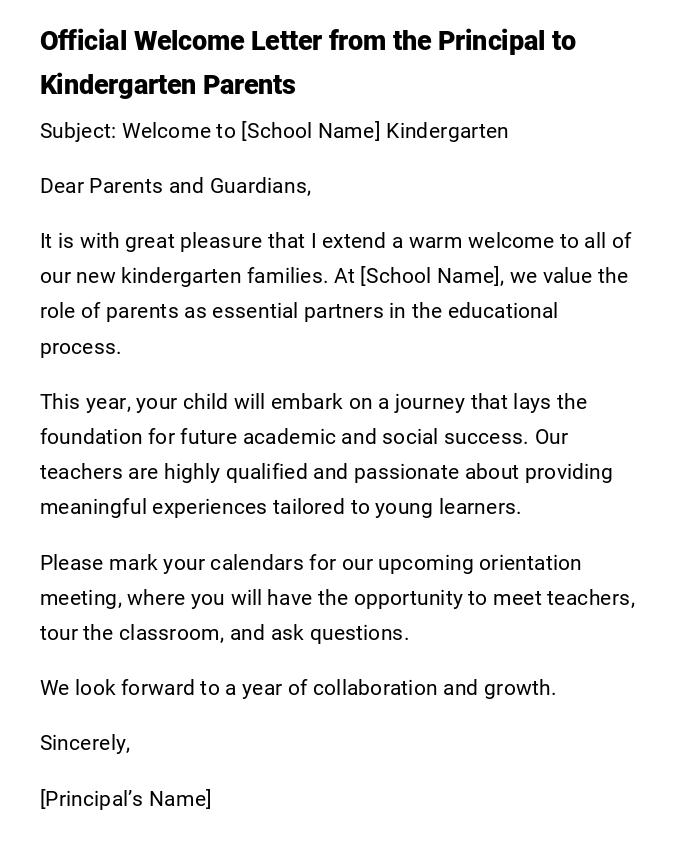 Official Welcome Letter from the Principal to Kindergarten Parents