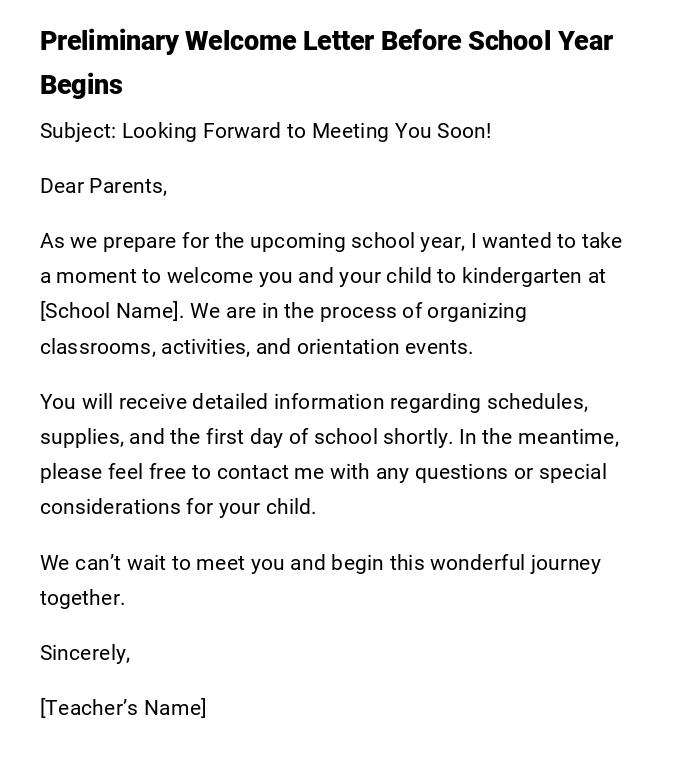 Preliminary Welcome Letter Before School Year Begins