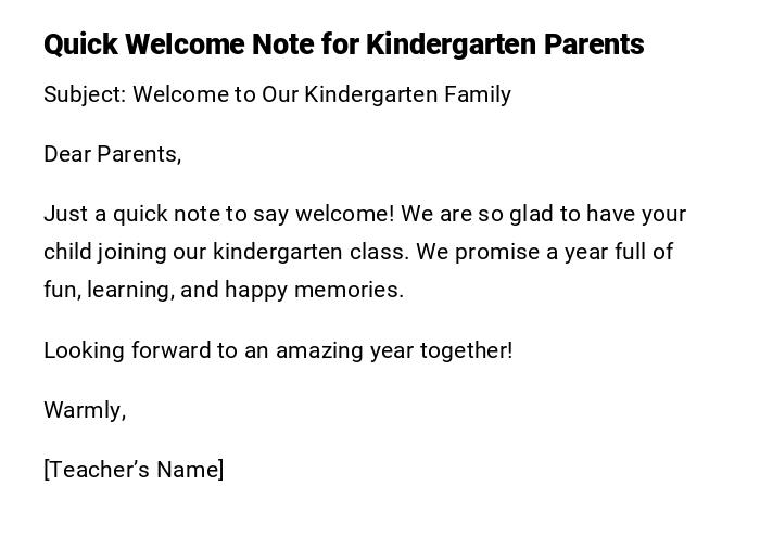 Quick Welcome Note for Kindergarten Parents