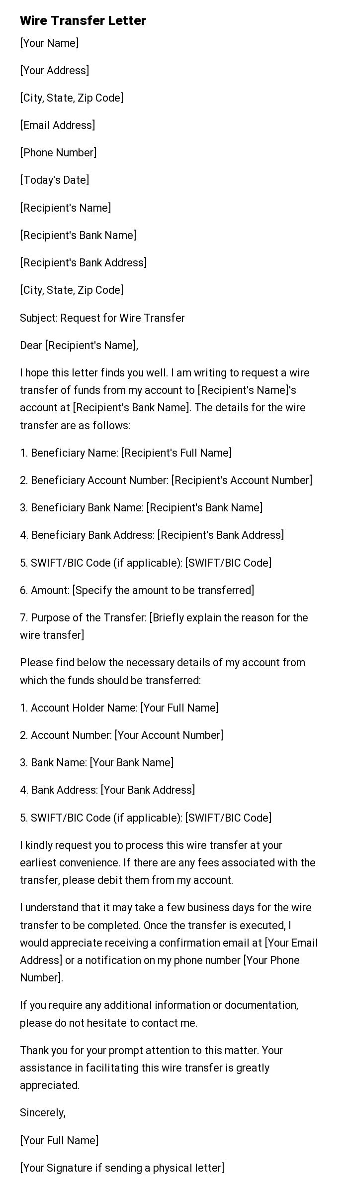 Wire Transfer Letter